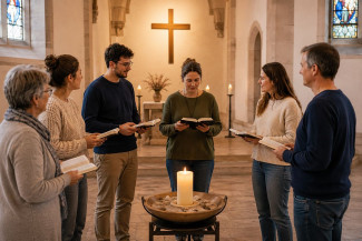 Menschen stehen bei einer Andacht im Kreis in einer Kirche
